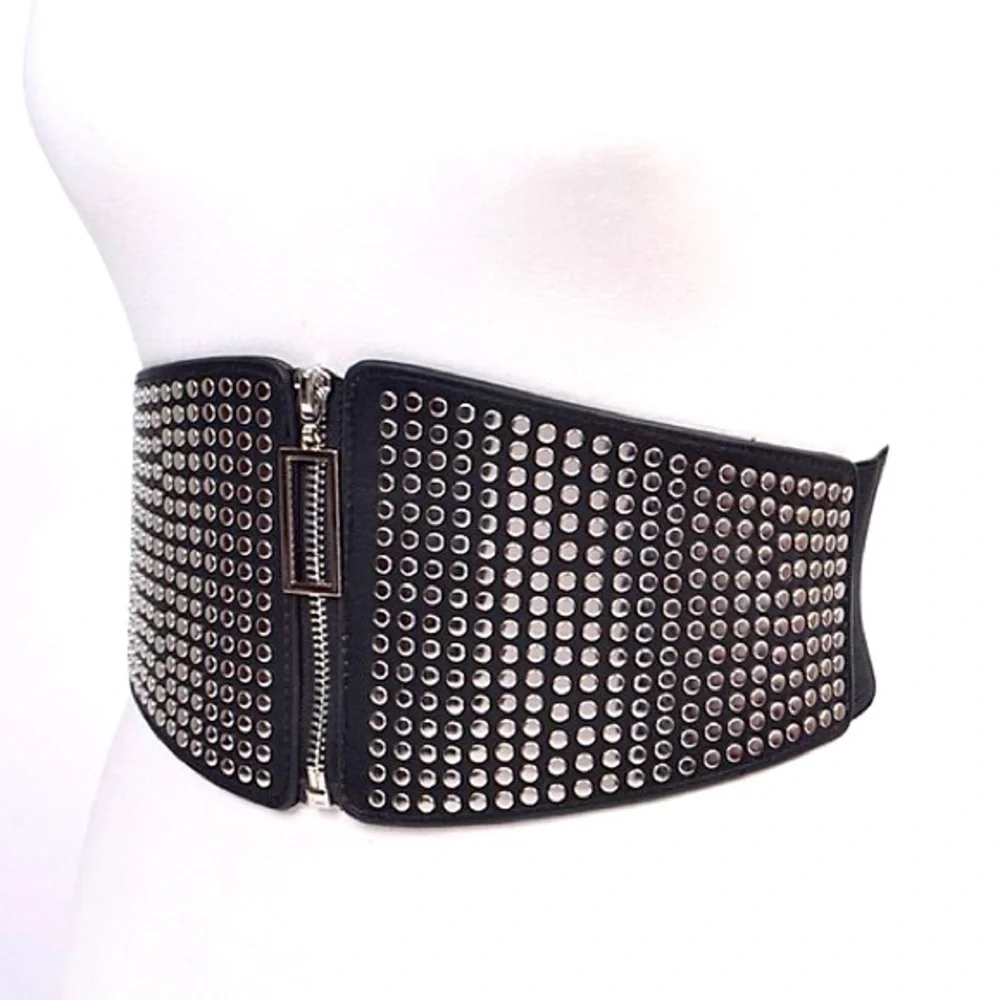 Black Leather Wide Elastic Studded Waist Statement Belt